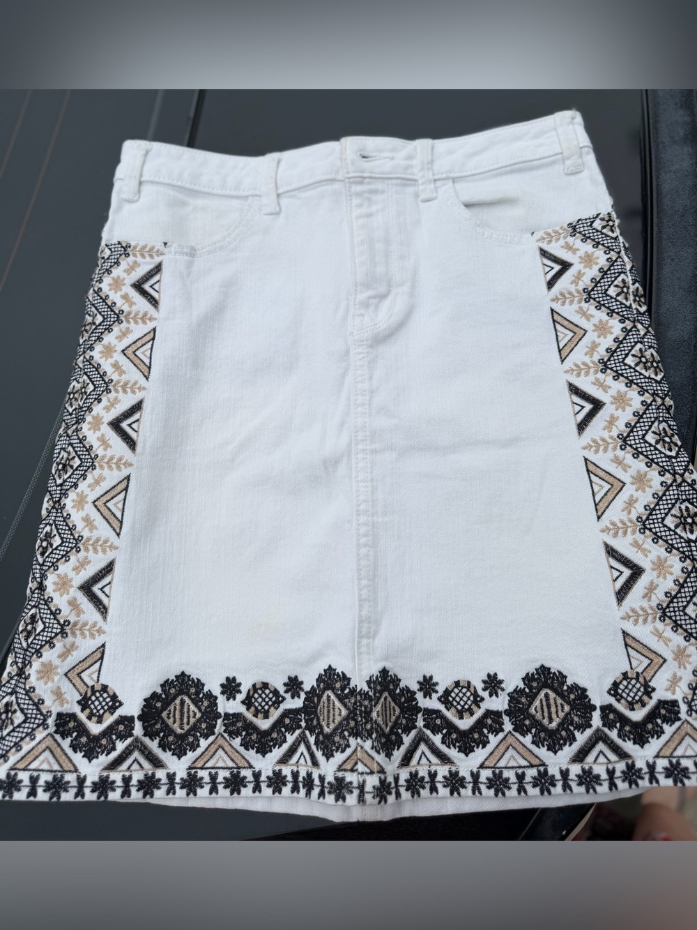 Anthropologie White A-Line Skirt with Black & Tan Embroidery
